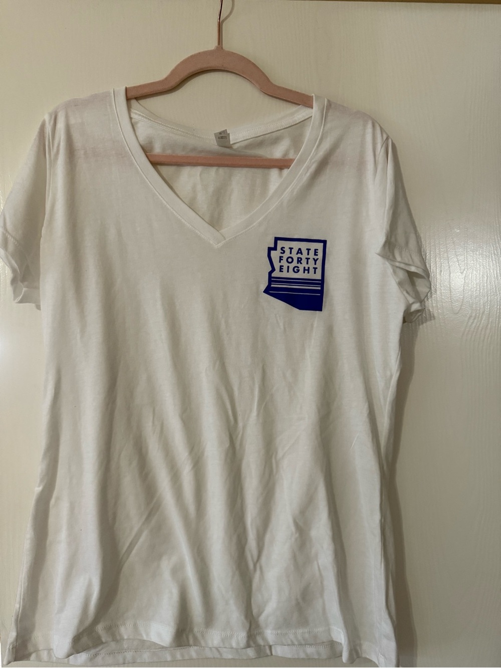 New State Forty Eight White V-Neck Tee with Blue Logo
